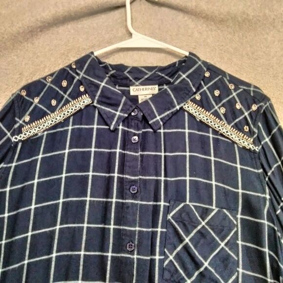 Catherines Button Down Shirt Womens Size 1X Navy Blue Beaded Long Sleeve Grid - Picture 2 of 12